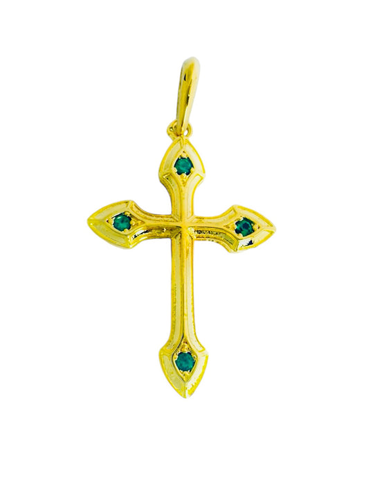 Cruz Metal Cobre con Piedras Verdes, Chapado en Oro