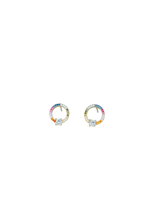 Aretes Redondos Con Zirconias Multicolor,Tipo Dormilonas